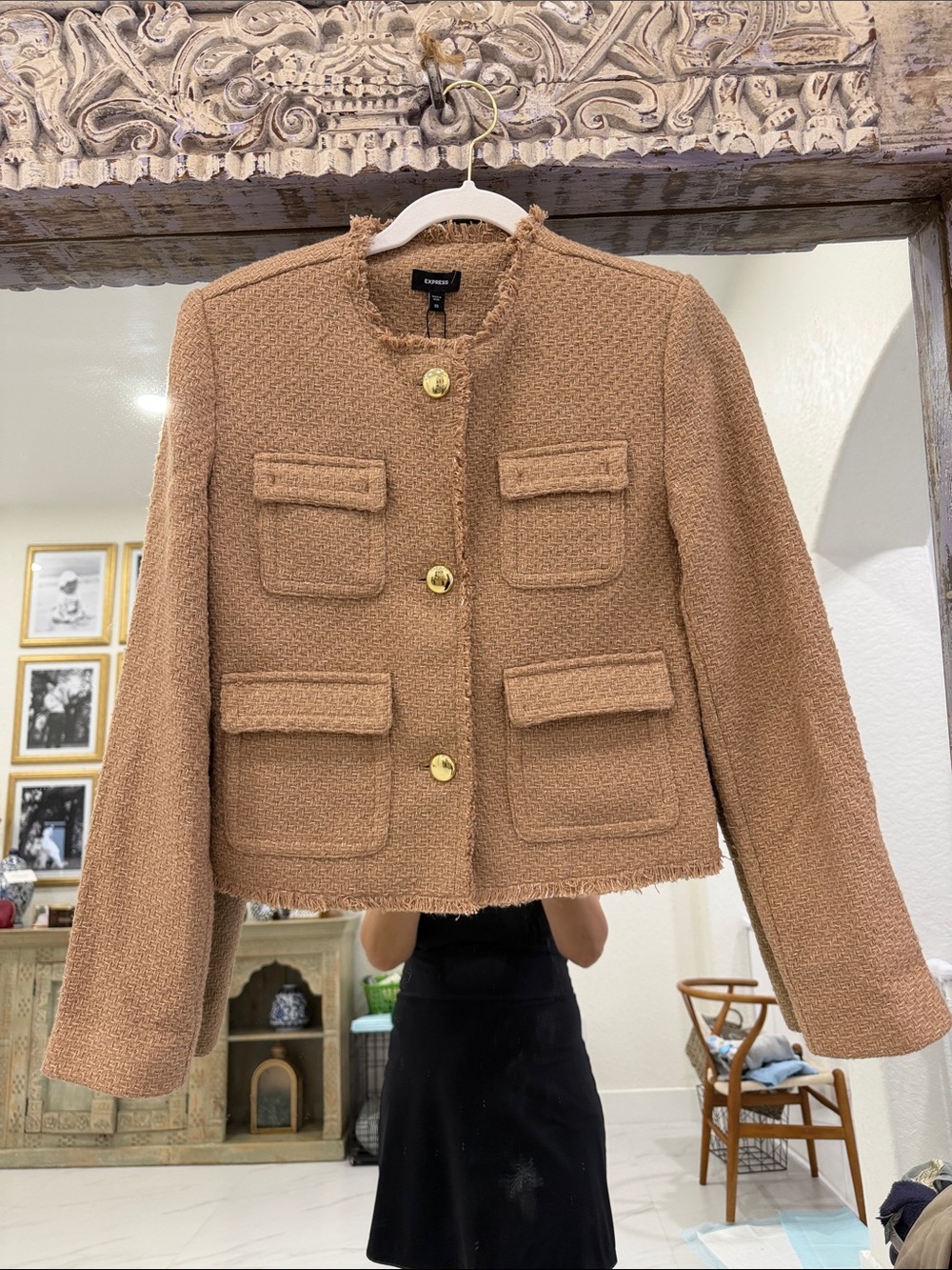 NWT Express Camel Bouclé Tweed Cropped Blazer with Gold Buttons